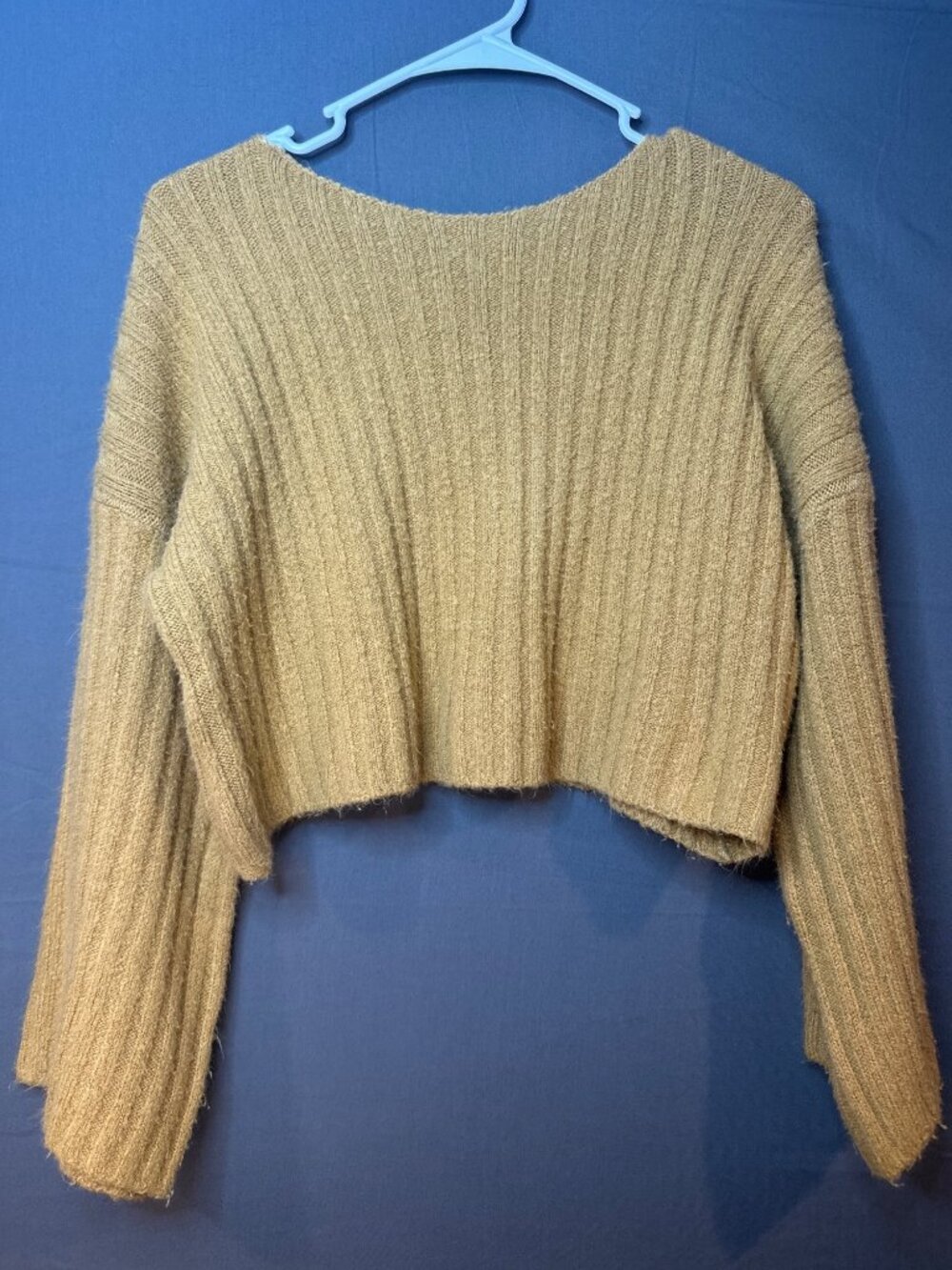 Women L Treasure & Bond Mustard Ribbed Cropped Sweater Balloon Sleeve Cozy